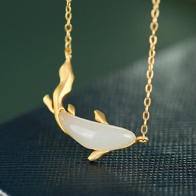 Buddha Stones 925 Sterling Silver White Jade Dolphin Luck Necklace Pendant Necklaces & Pendants BS Golden Koi Fish