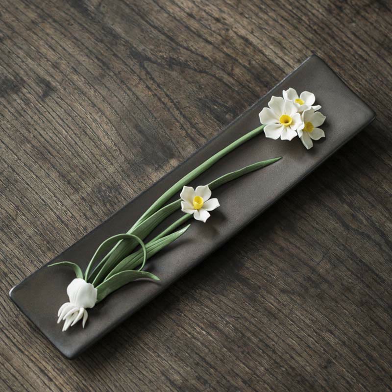 Buddha Stones Lotus Peony Rose Flower Ceramic Spiritual Incense Burner Incense Burner BS White Daffodils