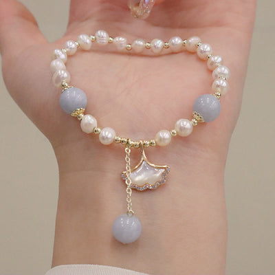 Buddha Stones Natural Aquamarine Pearl Healing Ginkgo Leaf Butterfly Charm Bracelet Bracelet BS 5