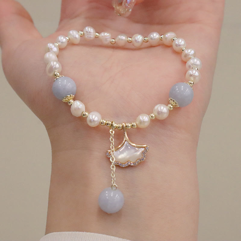 Buddha Stones Natural Aquamarine Pearl Healing Ginkgo Leaf Butterfly Charm Bracelet Bracelet BS 5