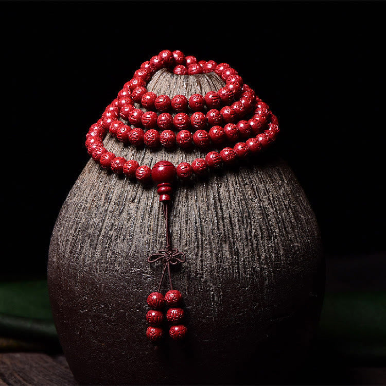 Buddha Stones 108 Mala Beads Cinnabar Om Mani Padme Hum Pattern Engraved Blessing Bracelet Mala Bracelet BS 7