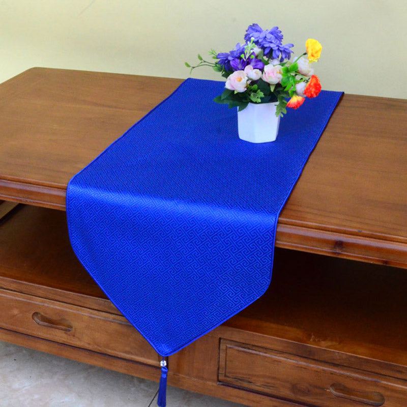 Buddha Stones Prayer Altar Flower Vajra Dragon Pattern Tibetan Auspicious Symbols Tassels Jacquard Table Runner Prayer Altar BS Blue 200*33cm