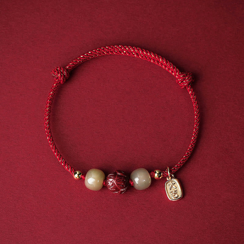 Buddha Stones 14K Gold Plated Hetian Jade Cinnabar Lotus Luck Handcrafted Rope Bracelet Bracelet BS Red Rope(Wrist Circumference 13-18cm)