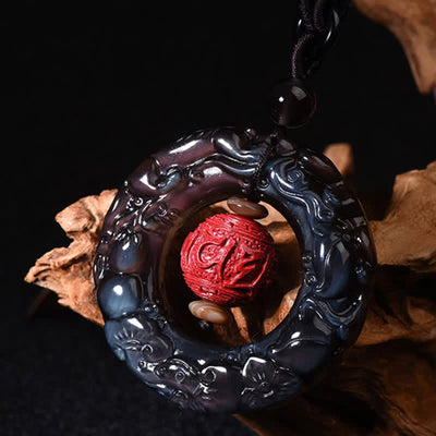 Buddha Stones FengShui Natural Rainbow Obsidian PiXiu Cinnabar Healing Necklace Pendant Necklaces & Pendants BS 4