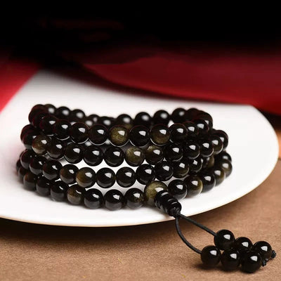 Buddha Stones 108 Mala Beads Natural Gold Sheen Obsidian Wealth Bracelet Mala Bracelet BS 1