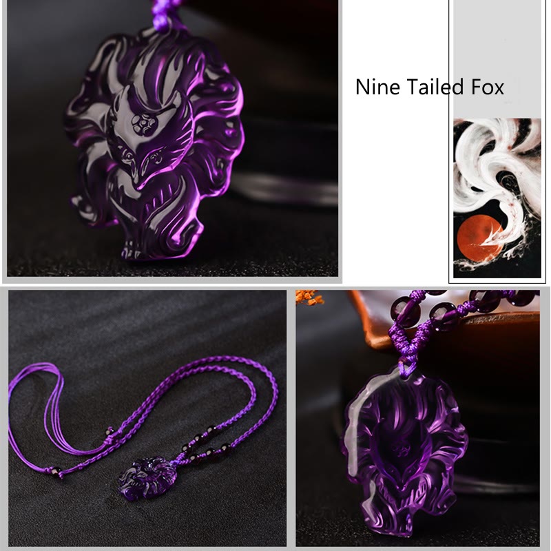 Buddha Stones Natural Amethyst White Crystal Citrine Nine Tailed Fox Luck Necklace Pendant Necklaces & Pendants BS 4