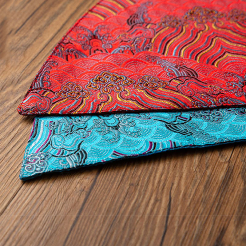 Buddha Stones Vintage Sea Wave Bamboo Plum Blossom Embroidered Cup Mat Pad Tea Cup Coaster Kung Fu Tea Mat Tea Mat BS 14