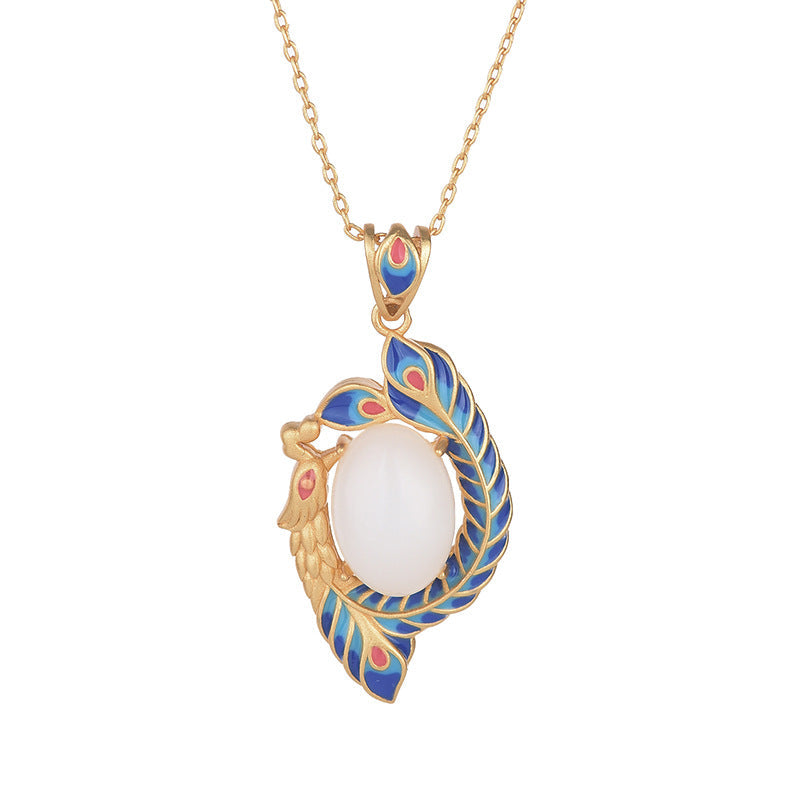 Buddha Stones White Jade Peacock Copper Blessing Necklace Pendant Necklaces & Pendants BS 4