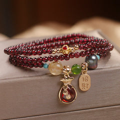 Buddha Stones Multi Layered Natural Garnet Jade Coin Money Bag Attracting Wealth Protection Bracelet Bracelet BS Multi-layered Garnet Jade Coin Bag(Wrist Circumference 14-15cm)