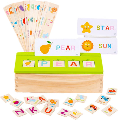 Fidtoy Wooden Knowledge Classification Objects Matching and Flash Cards Box Alphabet Learning Toy for Kids Ages 3+