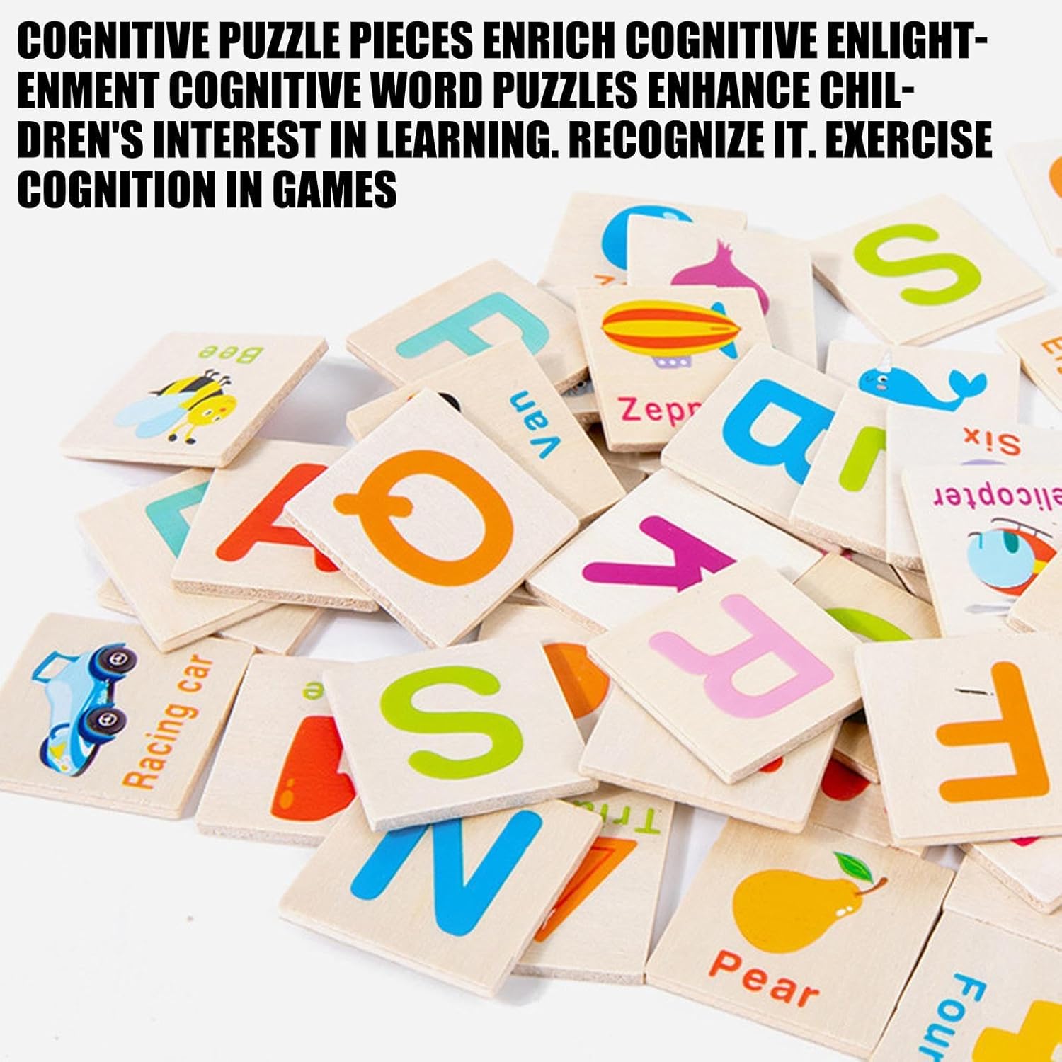 Fidtoy Wooden Knowledge Classification Objects Matching and Flash Cards Box Alphabet Learning Toy for Kids Ages 3+