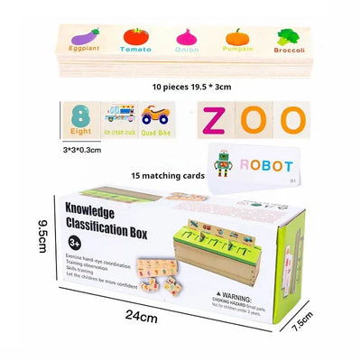Fidtoy Wooden Knowledge Classification Objects Matching and Flash Cards Box Alphabet Learning Toy for Kids Ages 3+