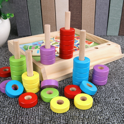 Fidtoy Wooden Number Counting Ring Board with Animal Puzzle Cards for Preschool Math Learning Toy