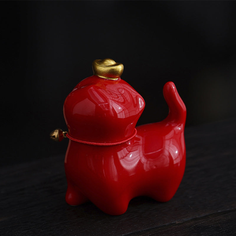 Buddha Stones Mini Lucky Cat Ingot Tea Pet Ceramic Home Desk Figurine Decoration Decorations BS Lucky Cat Red 5.5*3.2*6cm