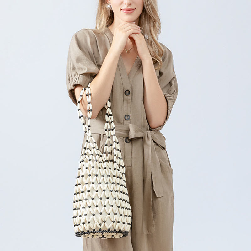 Buddha Stones Hand-woven Wooden Beads Bucket Shoulder Bag Handbag Handbags BS 13