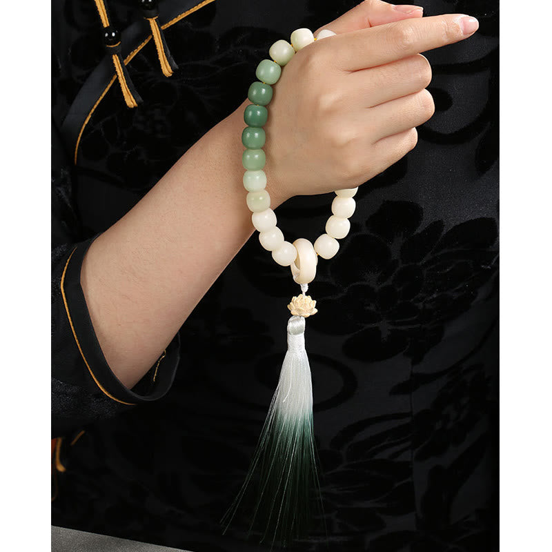 Buddha Stones Natural Gradient Bodhi Seed Fortune Money Bag Lotus Wisdom Tassel Wrist Mala Wrist Mala BS 16