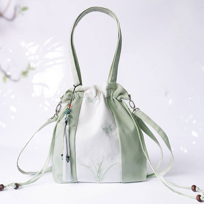 Buddha Stones Embroidered Grass Flowers Cherry Blossom Canvas Tote Crossbody Bag Shoulder Bag Handbag Crossbody Bag BS Green White Grass Triple Patchwork 28*30cm