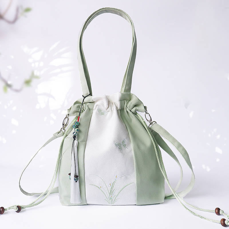 Buddha Stones Embroidered Grass Flowers Cherry Blossom Canvas Tote Crossbody Bag Shoulder Bag Handbag Crossbody Bag BS Green White Grass Triple Patchwork 28*30cm