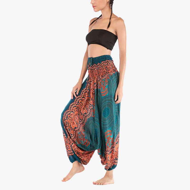 Buddha Stones Two Style Wear Round Geometric Pattern Loose Smocked Harem Trousers Jumpsuit High Waist Women's Yoga Pants Harem Pants&Bodysuit BS 24