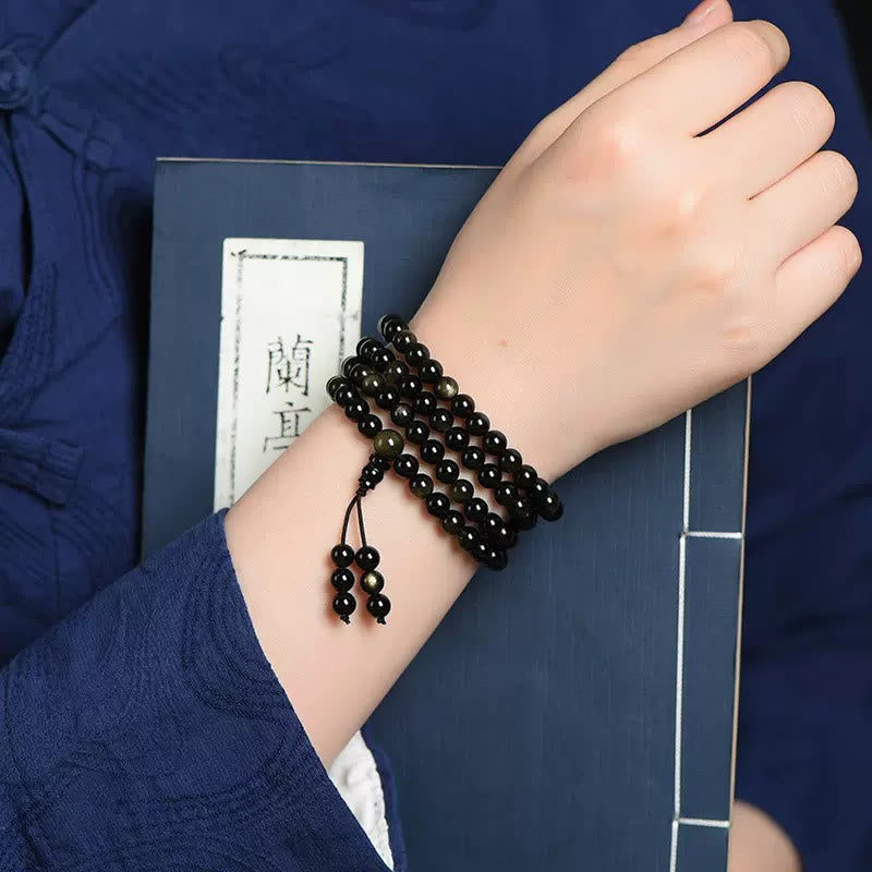 Buddha Stones 108 Mala Beads Natural Gold Sheen Obsidian Wealth Bracelet Mala Bracelet BS 4