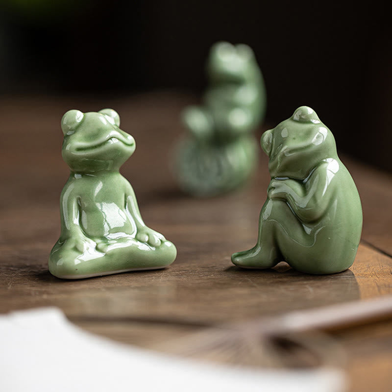 Buddha Stones Mini Small Meditation Lotus Resting Frog Ceramic Wealth Luck Home Tea Pet Figurine Decoration Decorations BS 18