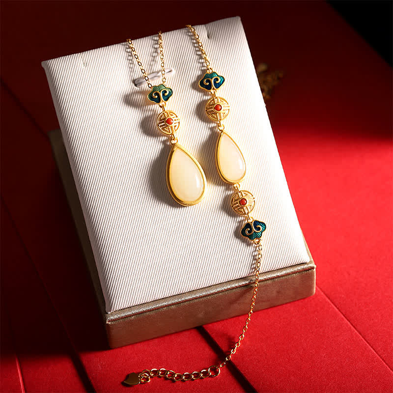 Buddha Stones 925 Sterling Silver Hetian White Jade Water Drop Chain Necklace Pendant Bracelet Bracelet Necklaces & Pendants BS main