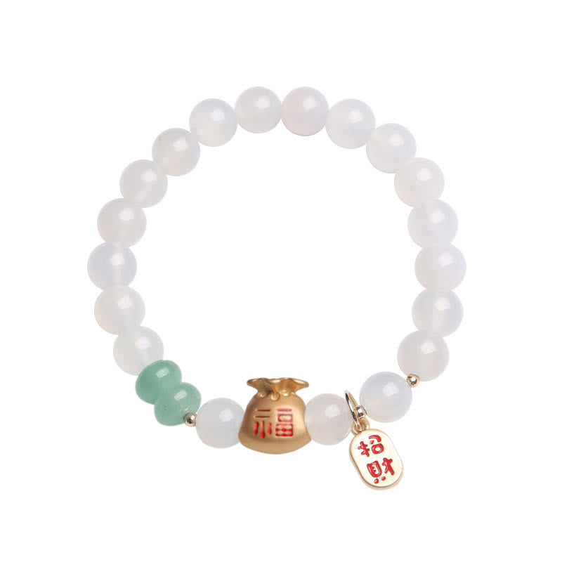Buddha Stones Natural White Agate Red Agate Money Bag Fu Character Four Leaf Clover Protection Bracelet Bracelet BS 7