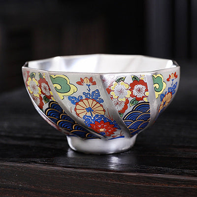 Buddha Stones 999 Sterling Silver Gilding Chrysanthemum Flowers Ceramic Teacup Kung Fu Tea Cup Cup BS 15