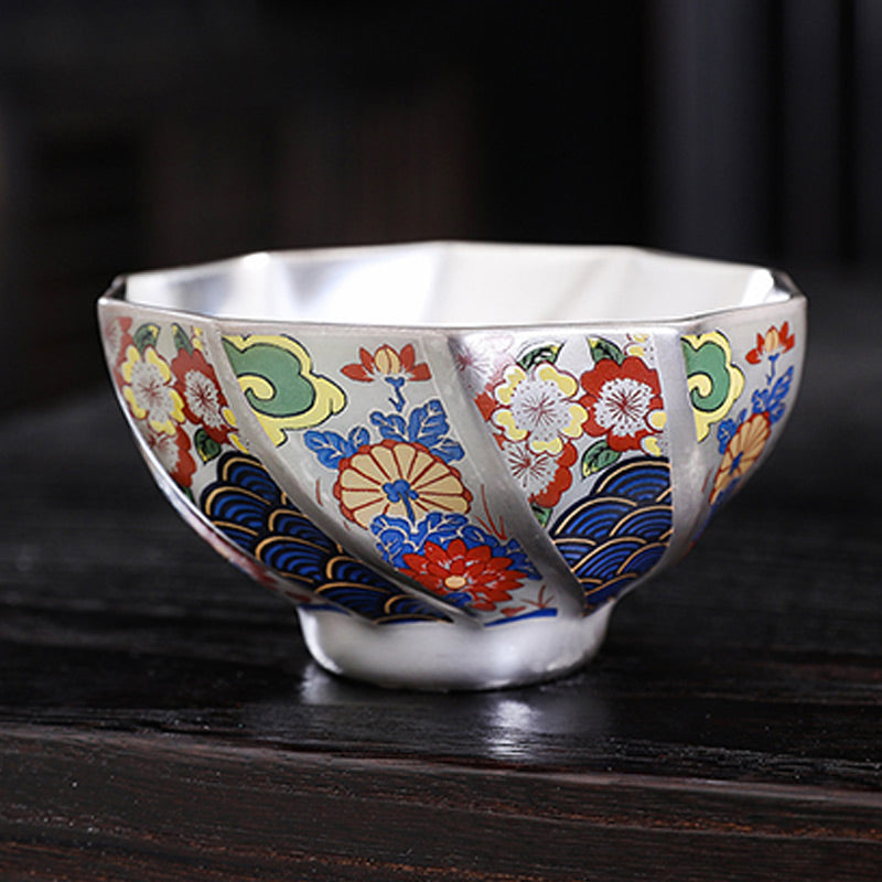 Buddha Stones 999 Sterling Silver Gilding Chrysanthemum Flowers Ceramic Teacup Kung Fu Tea Cup Cup BS 15
