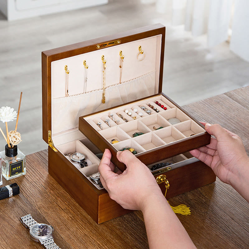 Buddha Stones Vintage Wooden Jewelry Box Two-Layer Solid Wood Jewelry Storage Box Jewelry Box BS 4