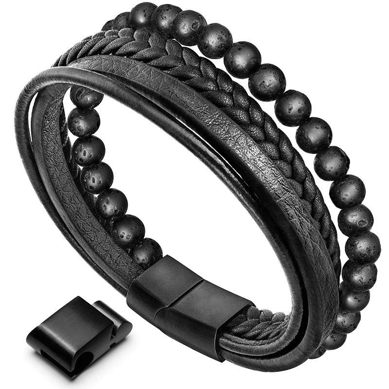 Buddha Stones Natural Lava Rock Black Onyx Bead Leather Bracelet Bracelet BS Lava Rock