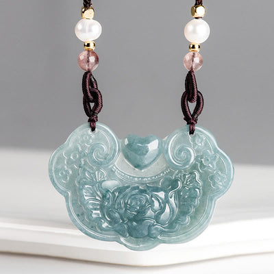 Buddha Stones Natural Jade Peony Flower Lock of Good Wishes Prosperity Necklace Pendant Necklaces & Pendants BS 7