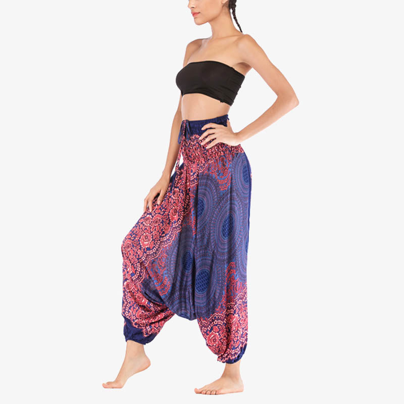 Buddha Stones Two Style Wear Round Geometric Pattern Loose Smocked Harem Trousers Jumpsuit High Waist Women's Yoga Pants Harem Pants&Bodysuit BS 12