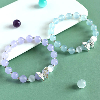 Buddha Stones Blue Chalcedony Pink Crystal Purple Chalcedony Butterfly Energy Bracelet 2