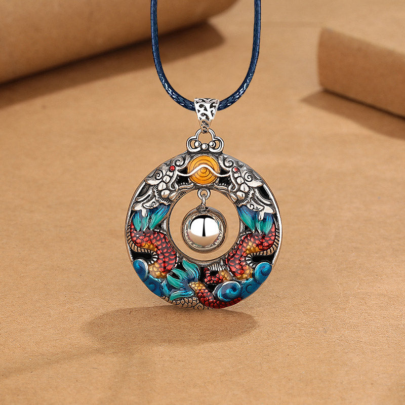 Buddha Stones Year of the Dragon Colorful Double Dragons Playing Bead Copper Protection Necklace Pendant Necklaces & Pendants BS Dragon Pendant&Leather Rope
