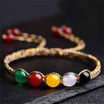 Buddha Stones Colorful Agate Metal Wood Water Fire Earth Five Elements String Bracelet Bracelet BS 8