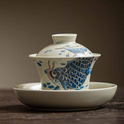 Buddha Stones Koi Fish Arowana Ceramic Gaiwan Sancai Teacup Kung Fu Tea Cup With Lid 130ml Cup BS 19