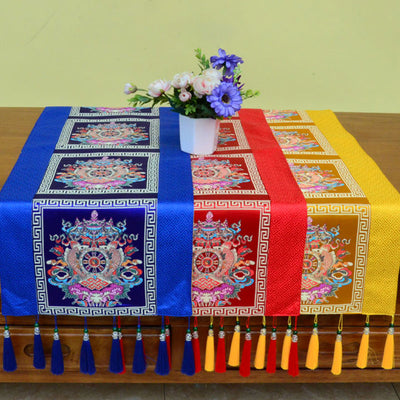 Buddha Stones Prayer Altar Mat Man-Bcu Kalachakra Endless Knot Vajra Tibetan Auspicious Symbols Tassels Table Runner Prayer Altar BS 7