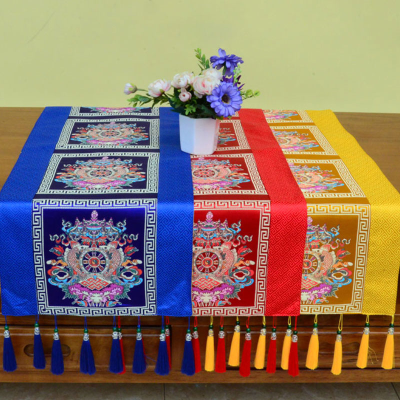 Buddha Stones Prayer Altar Mat Man-Bcu Kalachakra Endless Knot Vajra Tibetan Auspicious Symbols Tassels Table Runner Prayer Altar BS 7