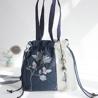 Buddha Stones Embroidered Grass Flowers Cherry Blossom Canvas Tote Crossbody Bag Shoulder Bag Handbag Crossbody Bag BS 9