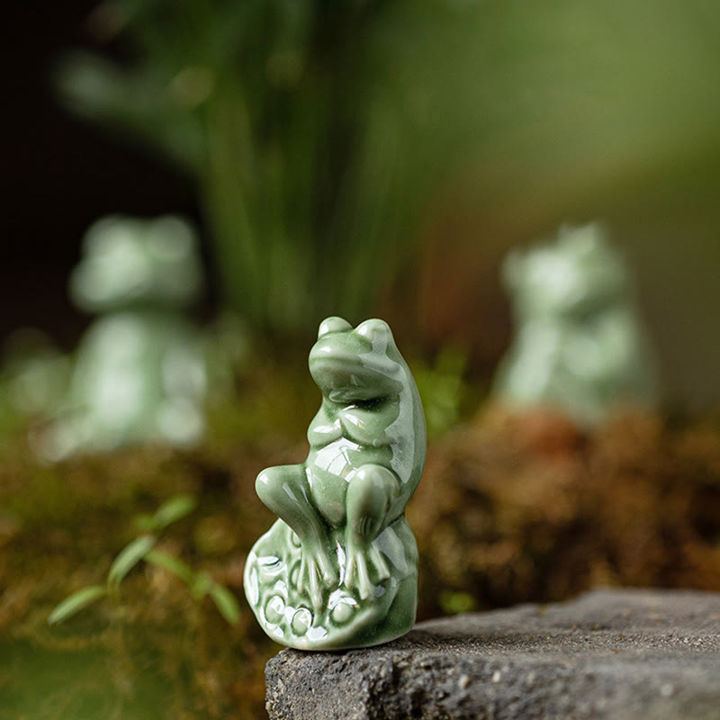 Buddha Stones Mini Small Meditation Lotus Resting Frog Ceramic Wealth Luck Home Tea Pet Figurine Decoration Decorations BS 10