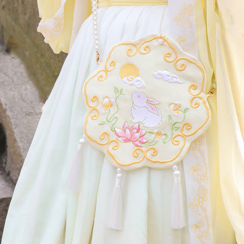 Buddha Stones Luck Embroidery Lotus Koi Fish Rabbit Flower Hanfu Bag Crossbody Bag Shoulder Bag Bag BS Yellow Flower Rabbit
