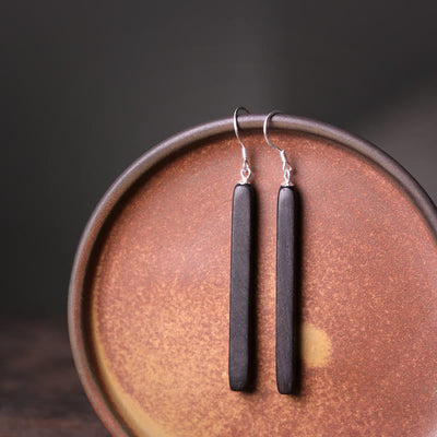 Buddha Stones 925 Sterling Silver Ebony Wood Texture Balance Peace Drop Dangle Earrings Earrings BS Glossy Ebony Wood