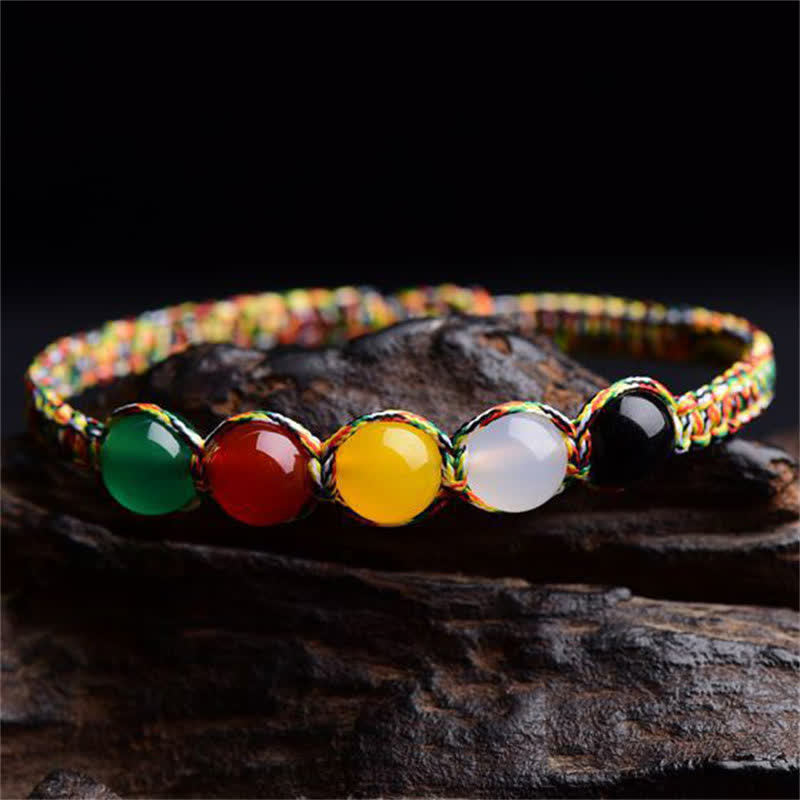 Buddha Stones Colorful Agate Metal Wood Water Fire Earth Five Elements String Bracelet Bracelet BS 3