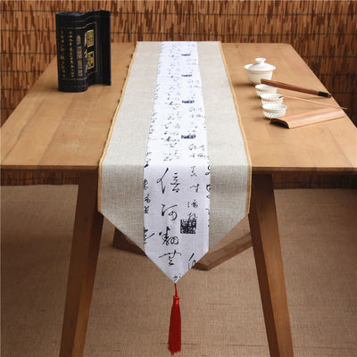 Buddha Stones Classic Chinese Style Lotus Koi Fish Flower Crane Calligraphy Enlightenment Cotton Linen Tassels Table Runner Table Runner BS 40