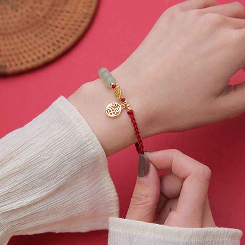 Buddha Stones Handcrafted Jade Bead Fu Character Charm Luck Red Rope Bracelet Bracelet BS 14