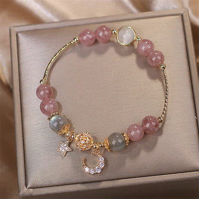 Buddha Stones Strawberry Quartz Moonstone Moon Star Love Bracelet Bracelet BS 7