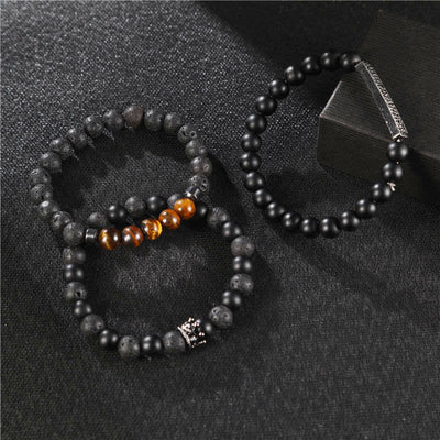 Buddha Stones 3Pcs Frosted Stone Lava Rock Tiger Eye Activate Bracelet Bracelet BS 1