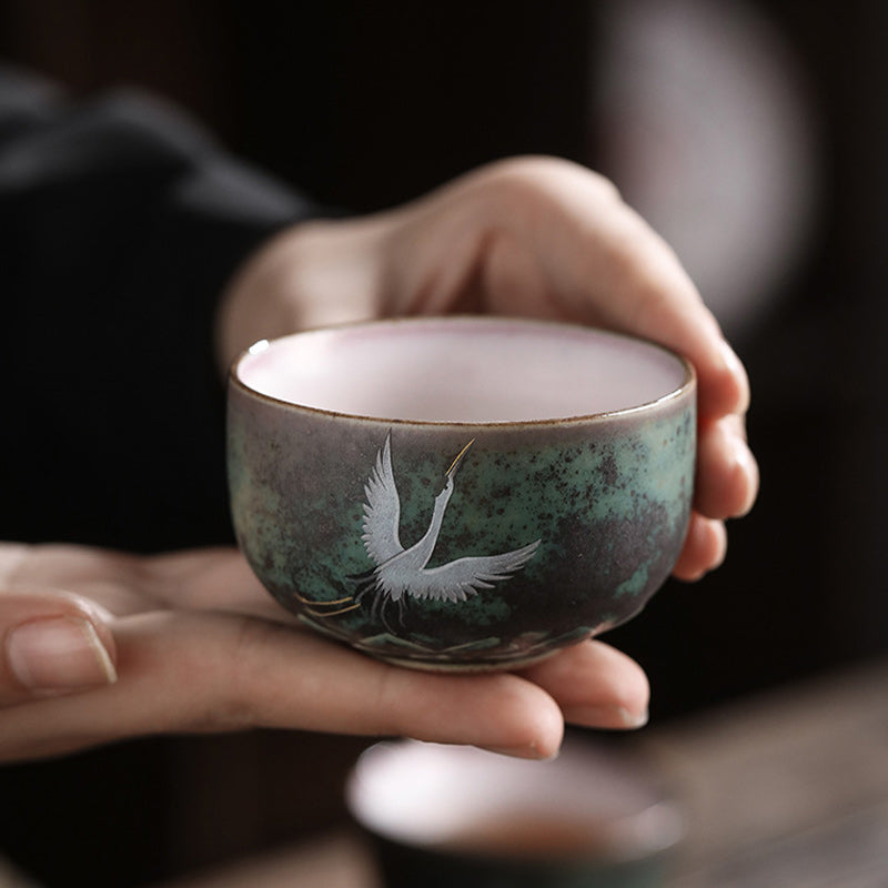 Buddha Stones Auspicious Crane Ceramic Teacup Kung Fu Tea Cup Bowl Cup BS 5