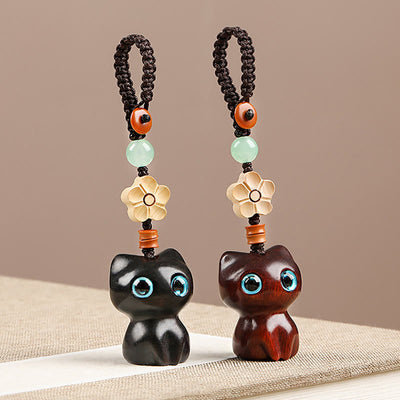 Foviel Mini Small Leaf Red Sandalwood Ebony Wood Lucky Cat Lovely Kitty Peace Key Chain Phone Hanging Decoration